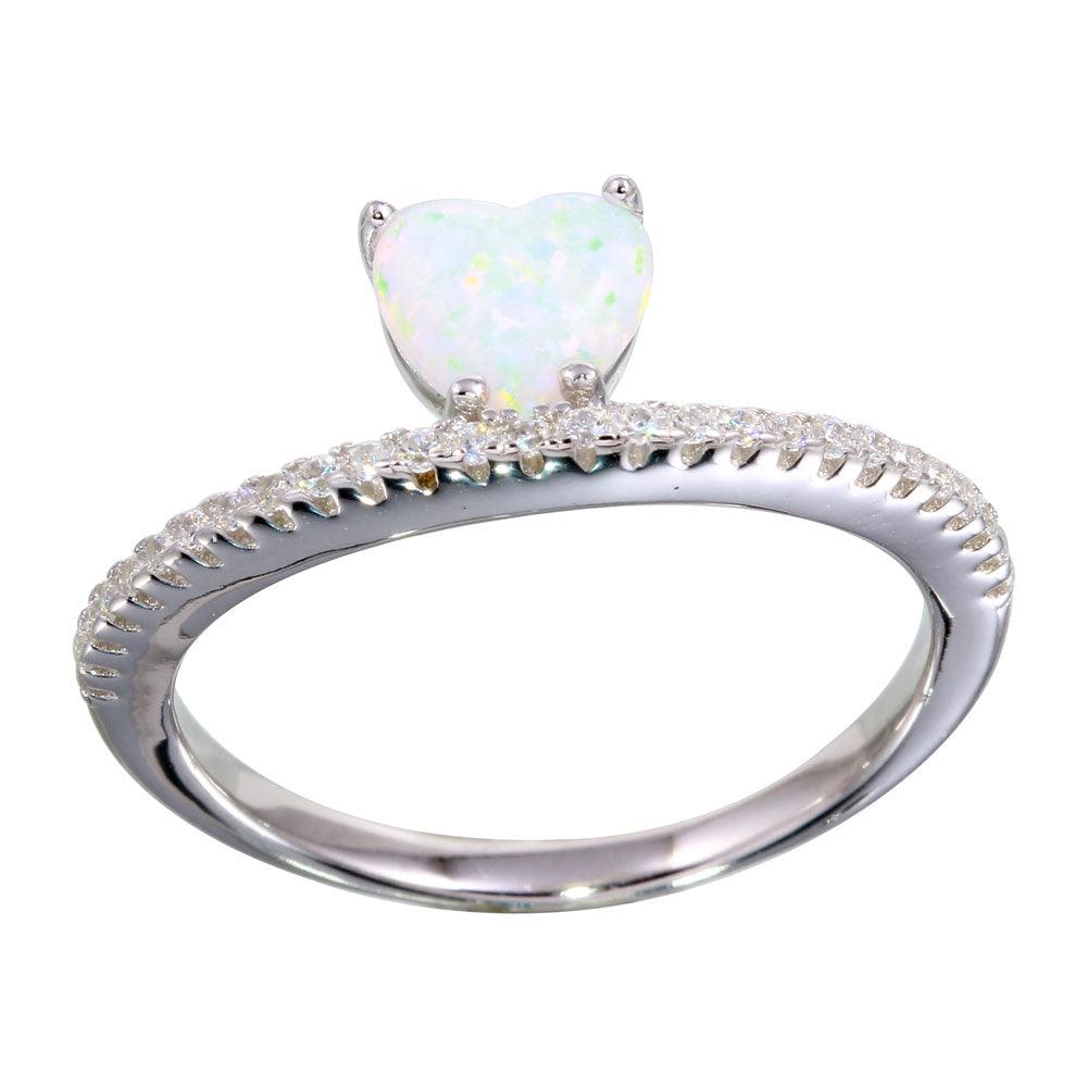 Rhodium Plated 925 Sterling Silver Band Synthetic Opal Heart Ring Sizes 5-9