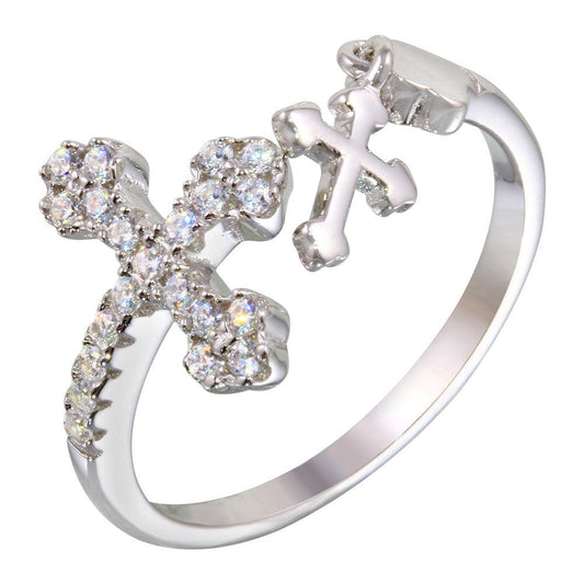 Rhodium Plated 925 Sterling Silver Open End Double Cross Ring Clear CZ Sizes 5-9