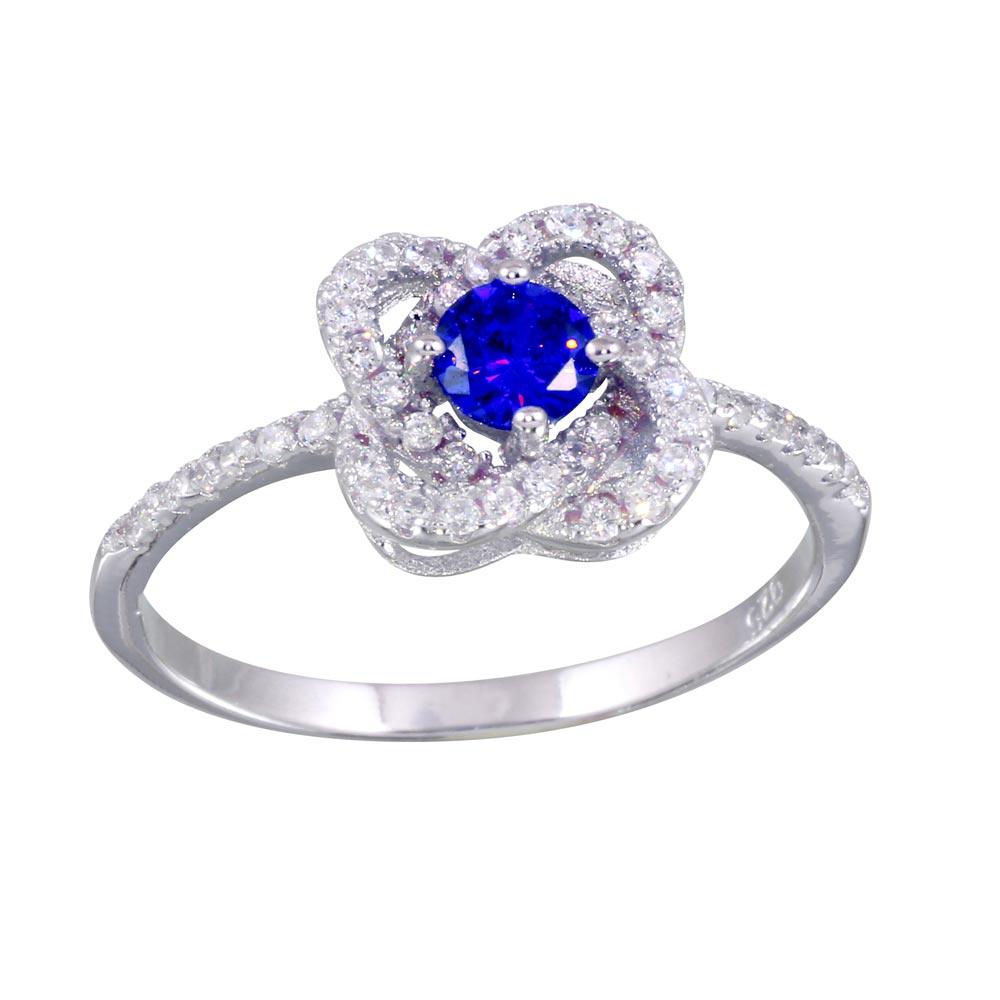 Rhodium Plated 925 Sterling Silver CZ Knot Blue & Clear Ring Band Sizes 5-9