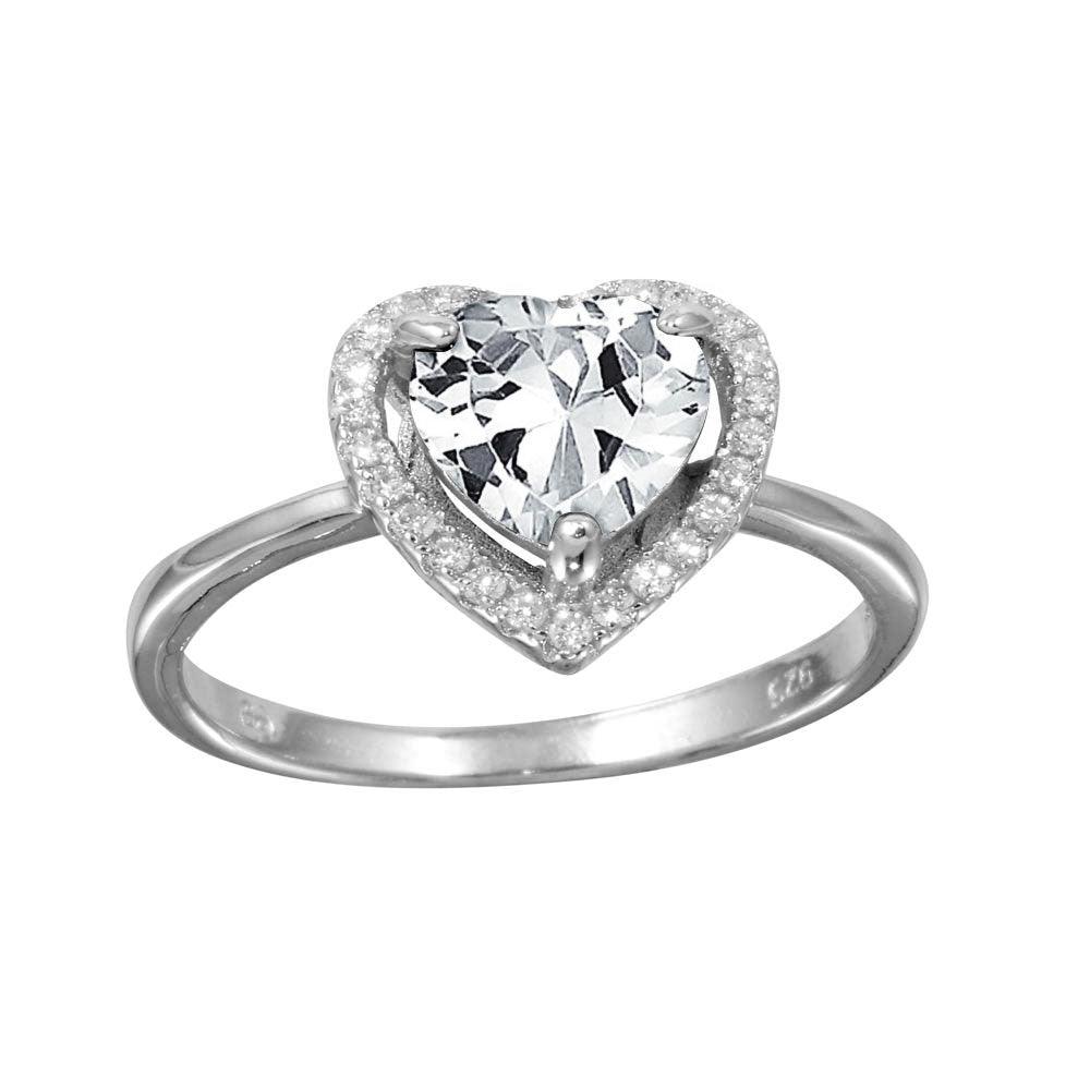 Polished Rhodium Plated 925 Sterling Silver Clear Halo Heart Ring Band Sizes 5-9