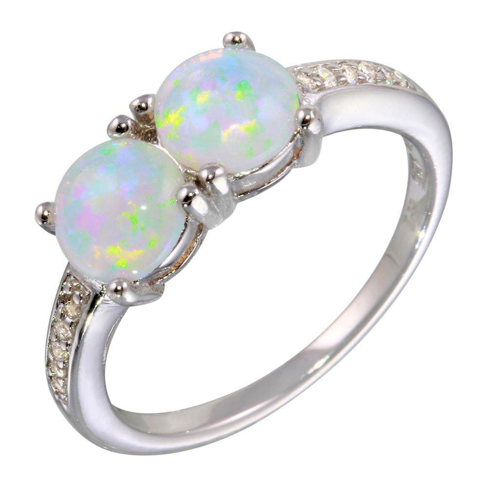 Rhodium Plated 925 Sterling Silver Twin Synthetic Opal Ring Clear CZ Sizes 5-9