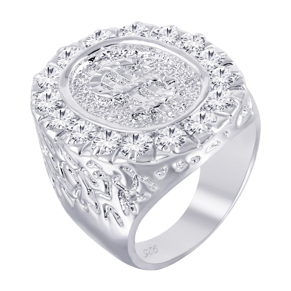 Rhodium Plated 925 Sterling Silver Large Dollar Sign $ Ring Clear CZ Sizes 5-12