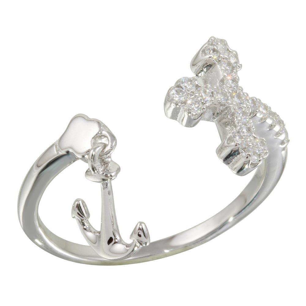 Rhodium Plated 925 Sterling Silver Cross Anchor Ring Clear CZ Band Sizes 5-9
