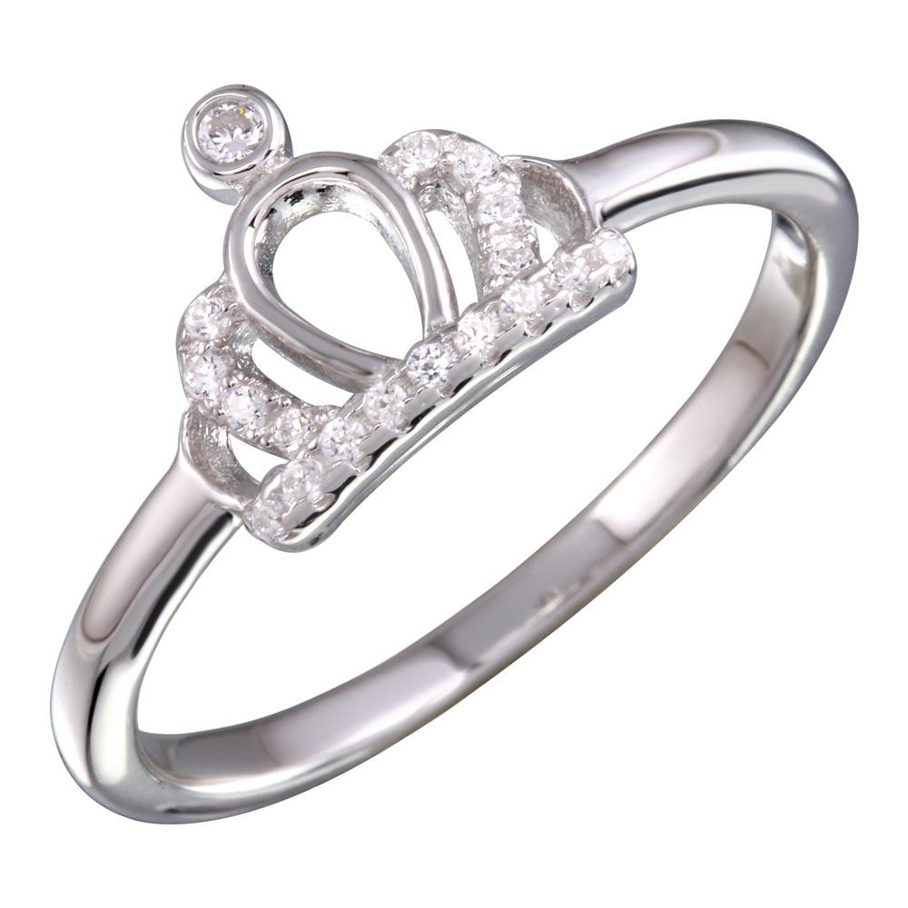 Polished Rhodium Plated 925 Sterling Silver Crown Ring Clear CZ Band Sizes 5-9