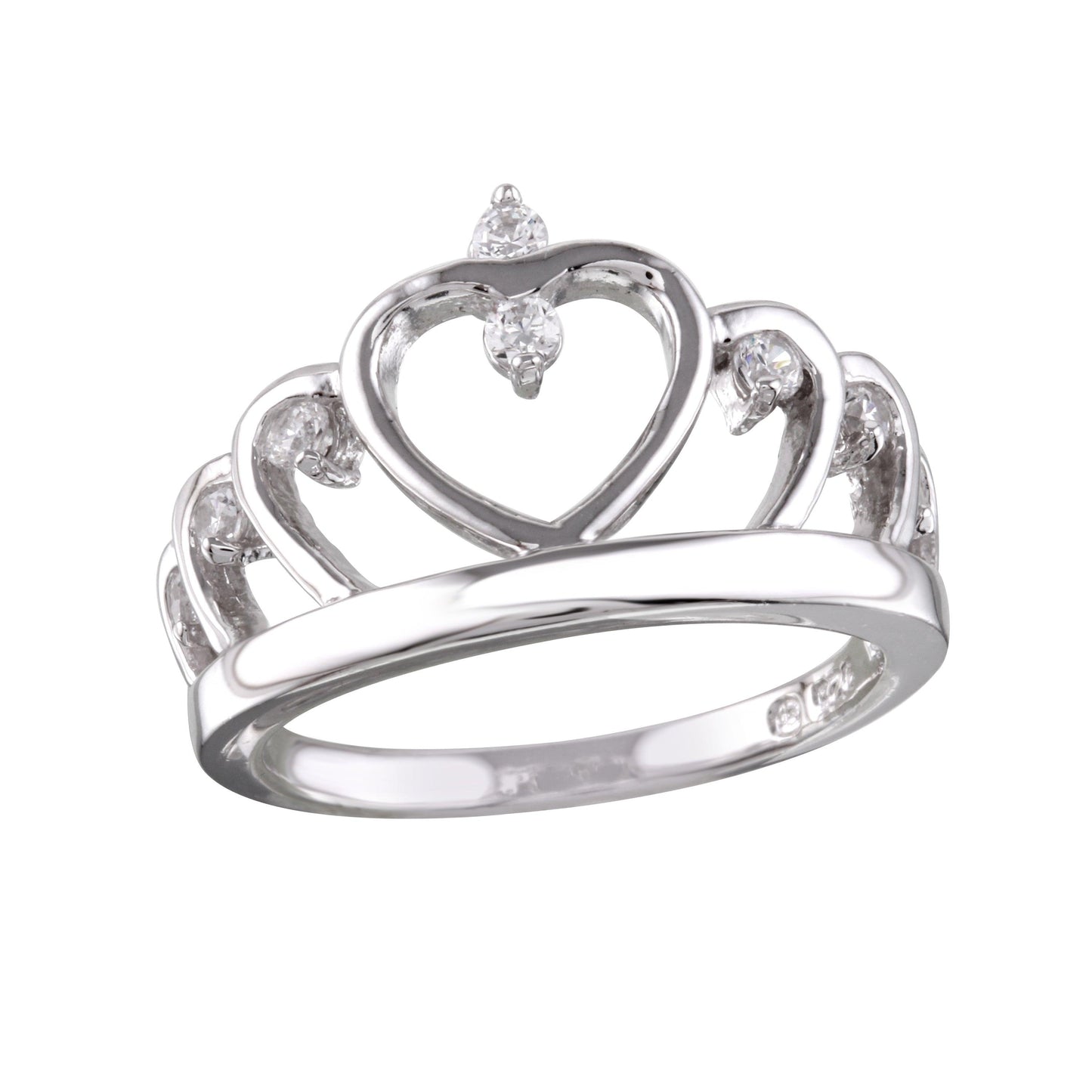 Rhodium Plated 925 Sterling Silver Heart Crown Ring Clear CZ Band Sizes 5-9