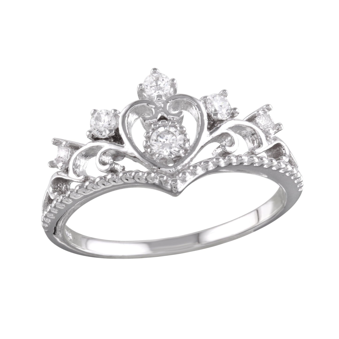 Rhodium Plated 925 Sterling Silver Heart Tiara Ring Clear CZ Band Sizes 5-9