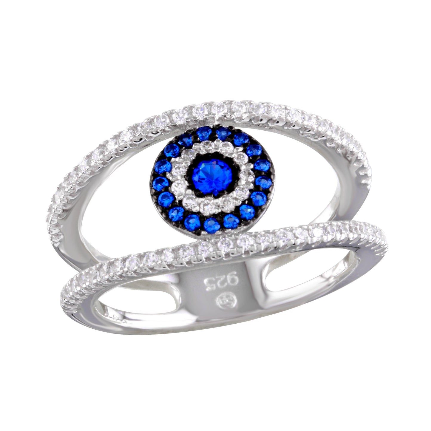 Rhodium Plated 925 Sterling Silver Evil Eye Ring Clear & Blue CZ Band Sizes 5-9