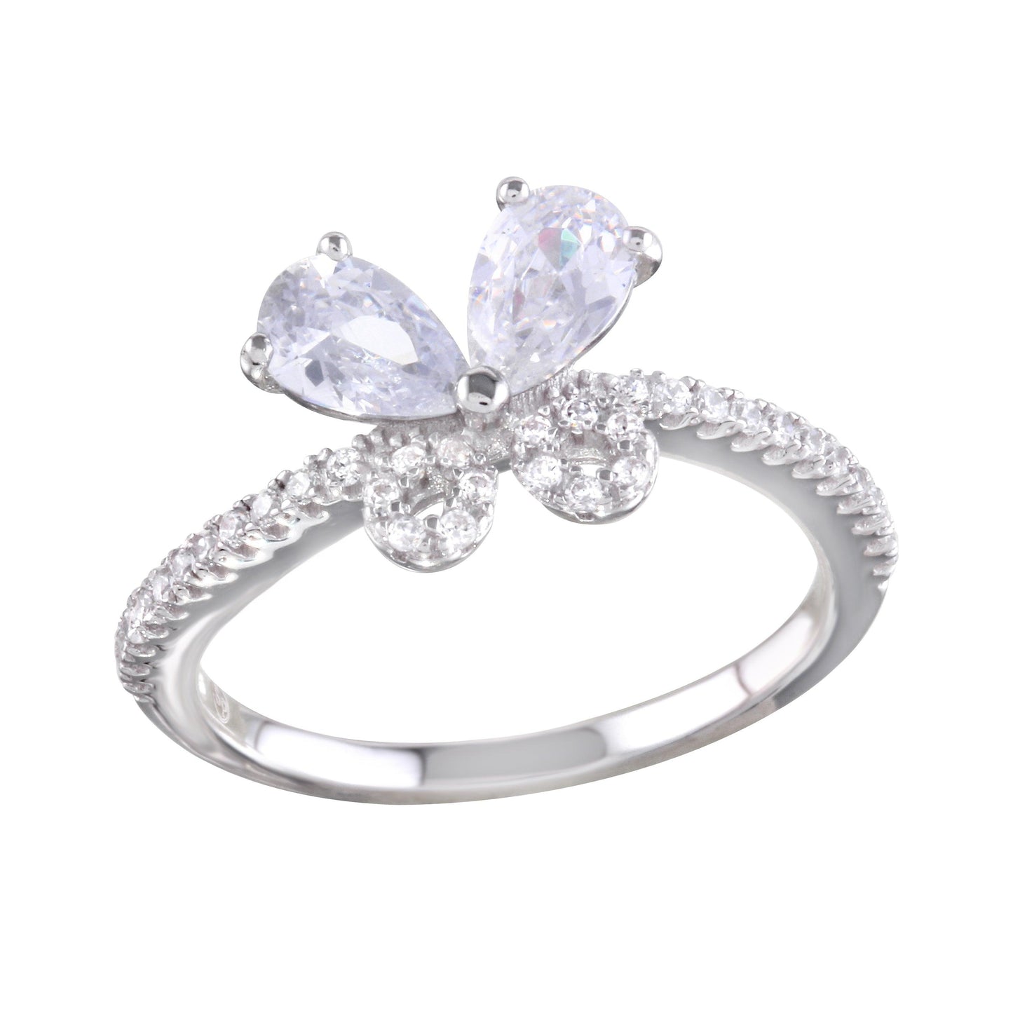 Polished Rhodium Plated 925 Sterling Silver Clear Butterfly CZ Ring Sizes 5-9