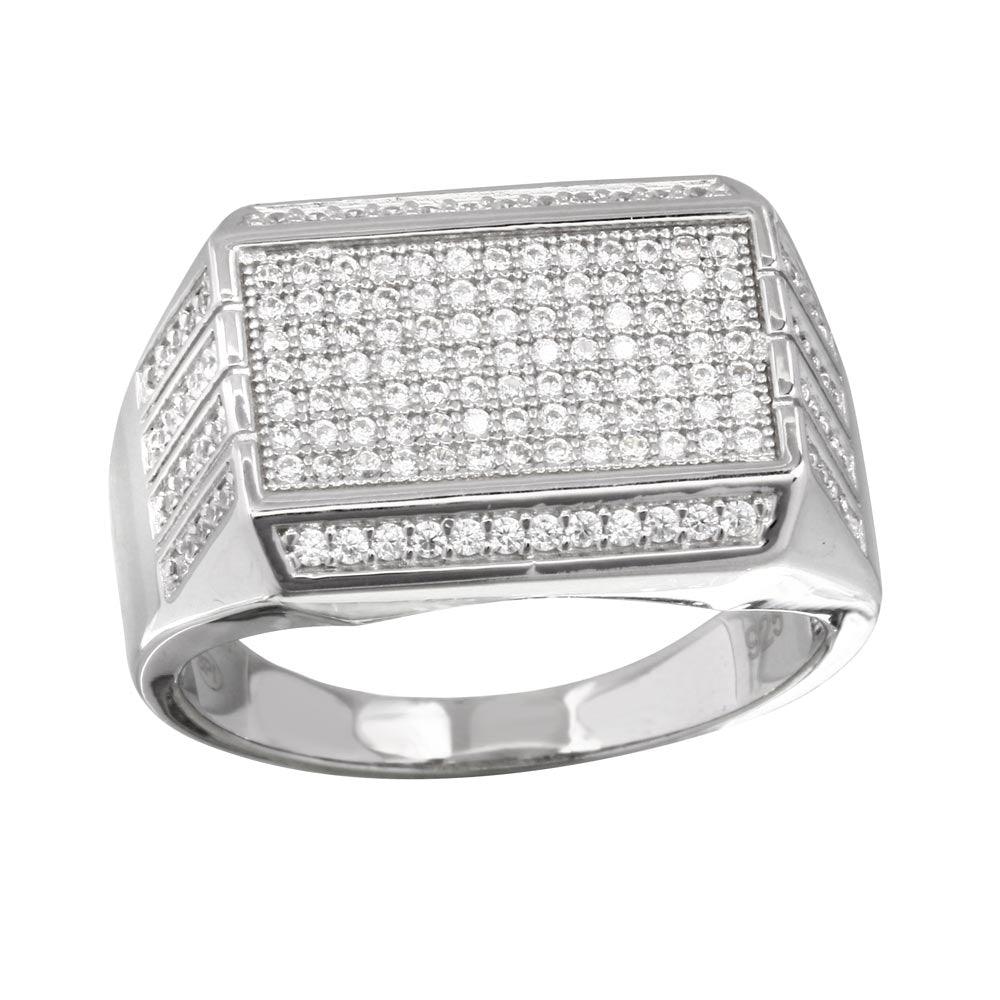 Rhodium Plated 925 Sterling Silver Men's Rectangular Ring Clear CZ Sizes 8-12