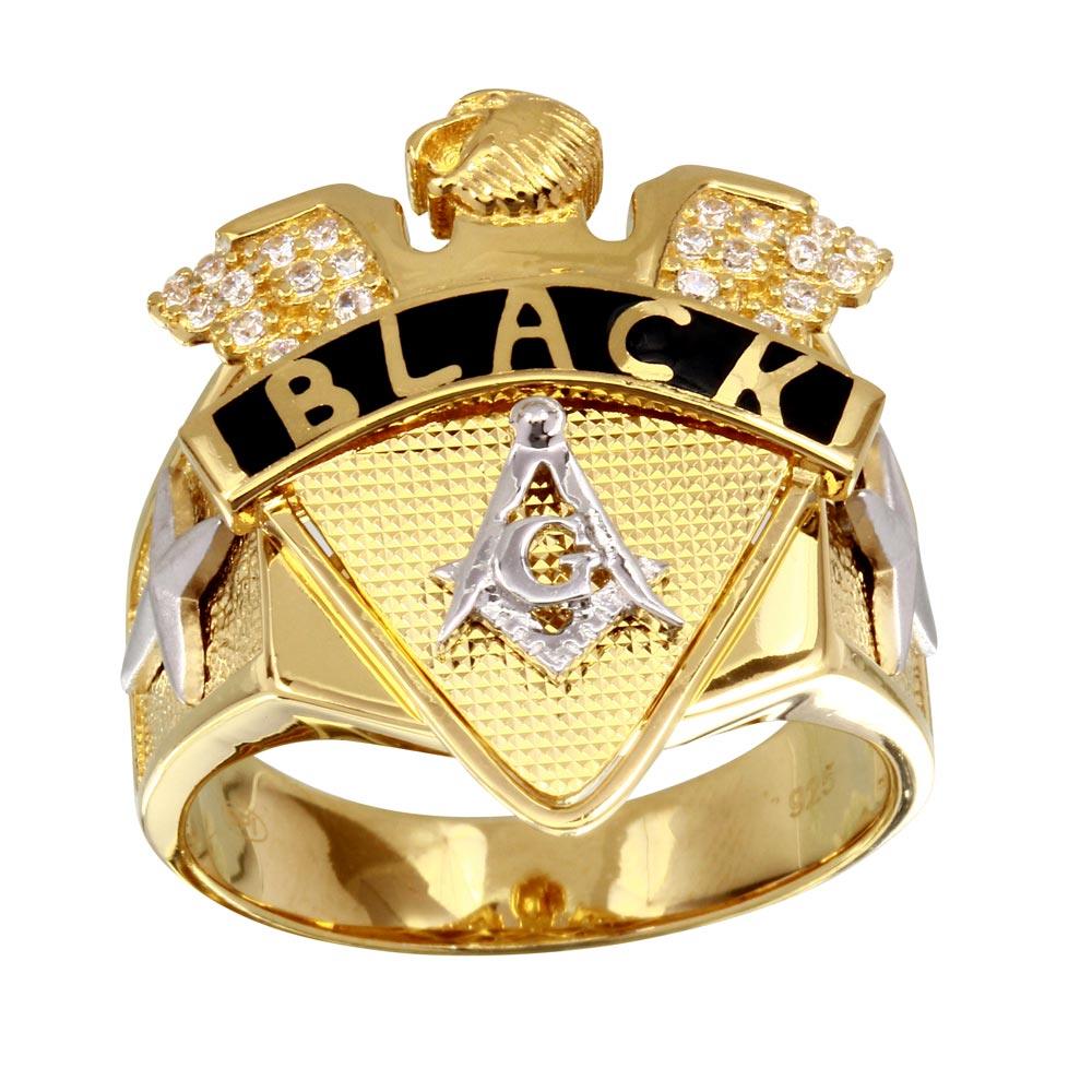 Gold Plated 925 Sterling Silver Men's Black Masonic Symbol Ring Band Sizes 9-12