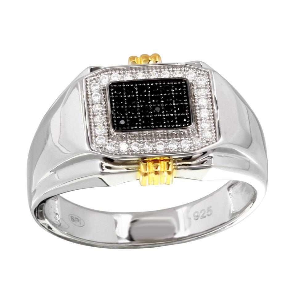 Two-Tone 925 Gold Plated Sterling Silver Men's Rectangular Ring CZ Sizes 9-12