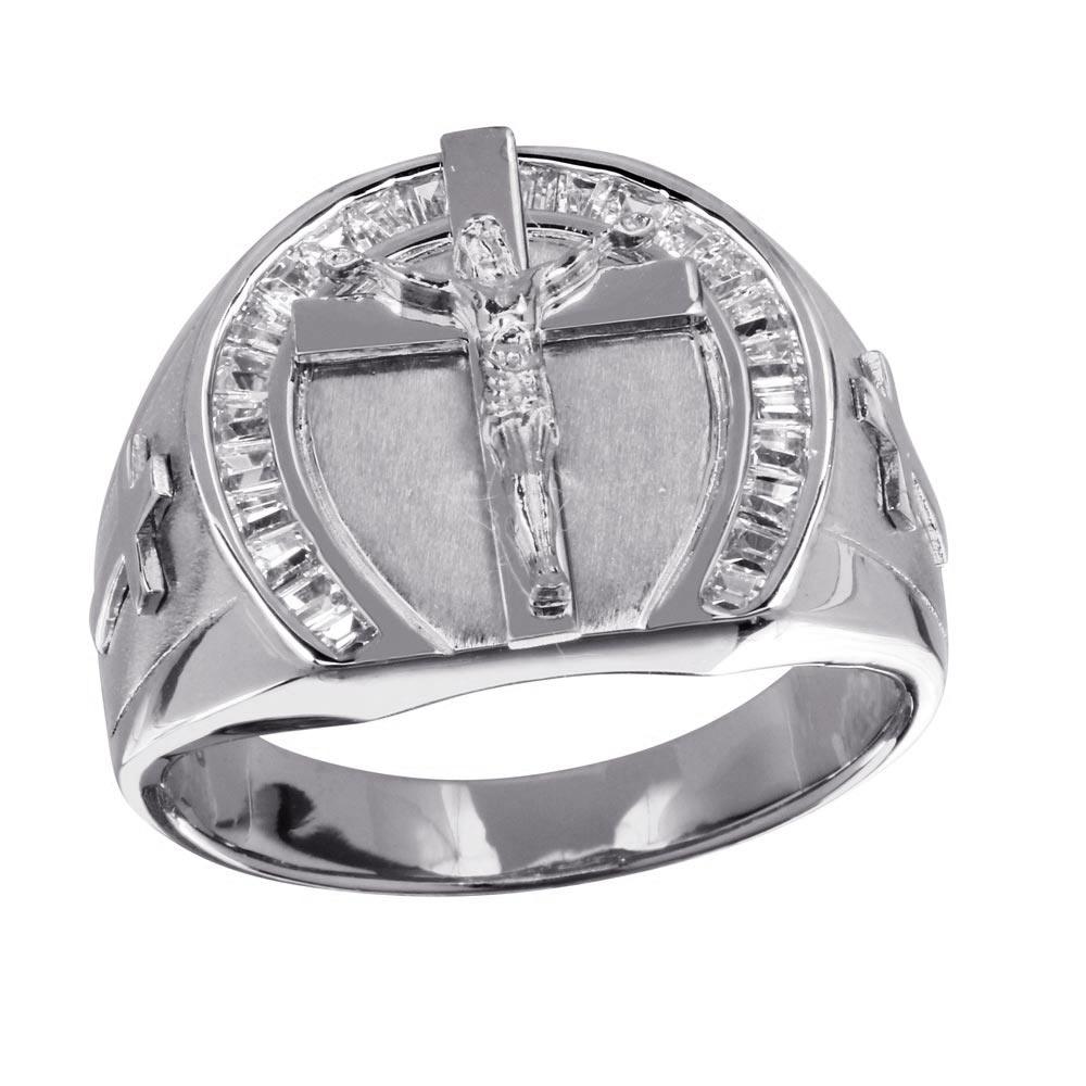 Polished Rhodium Plated 925 Sterling Silver Men's Crucifix Ring Band Sizes 9-12
