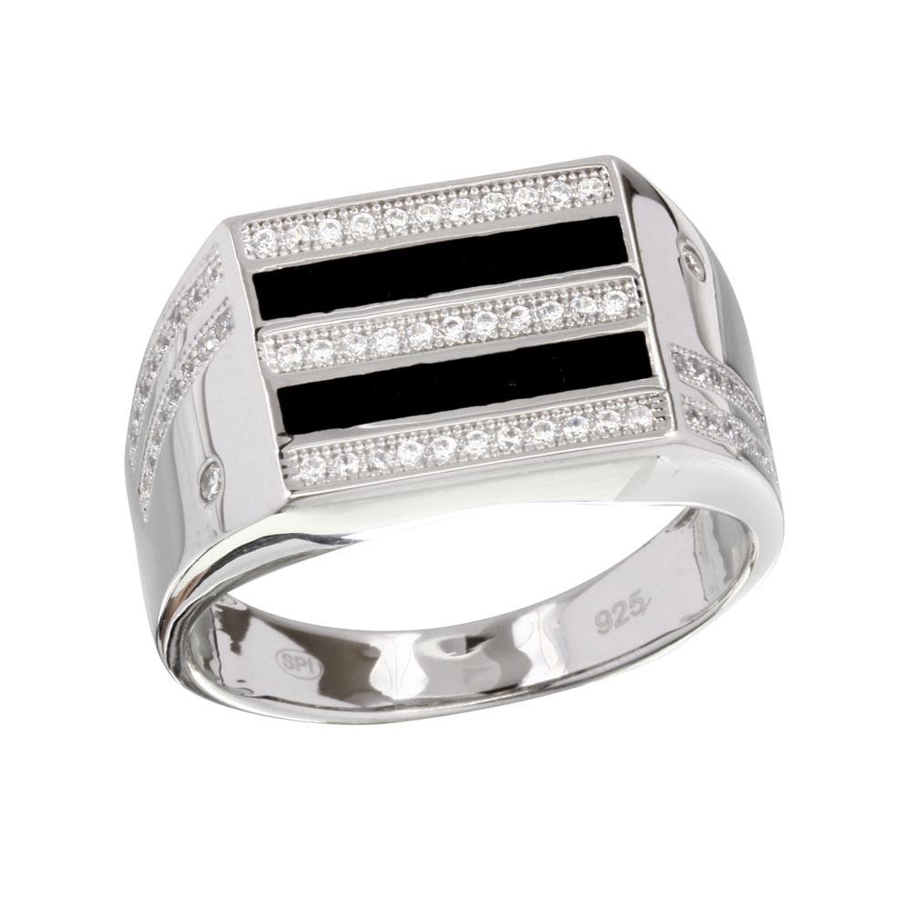 Two-Tone 925 Rhodium Plated 925 Sterling Silver Black Enamel CZ Ring Sizes 9-12