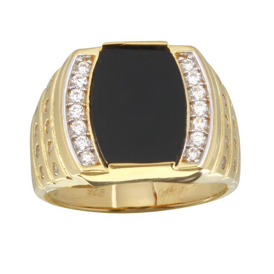 Men's Gold Plated 925 Sterling Silver Flat Oval Onyx Ring Clear CZ Sizes 9-12