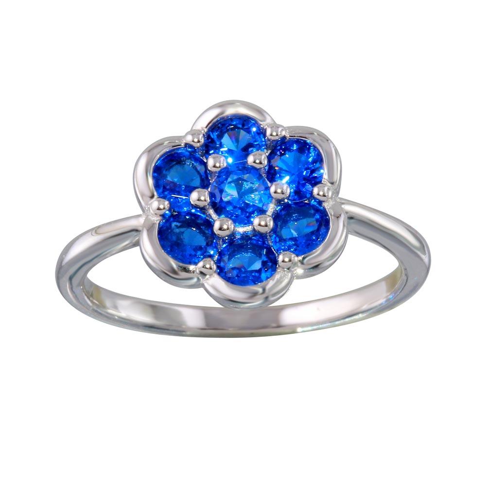 Polished Rhodium Plated 925 Sterling Silver Blue CZ Flower Ring Band Sizes 5-9