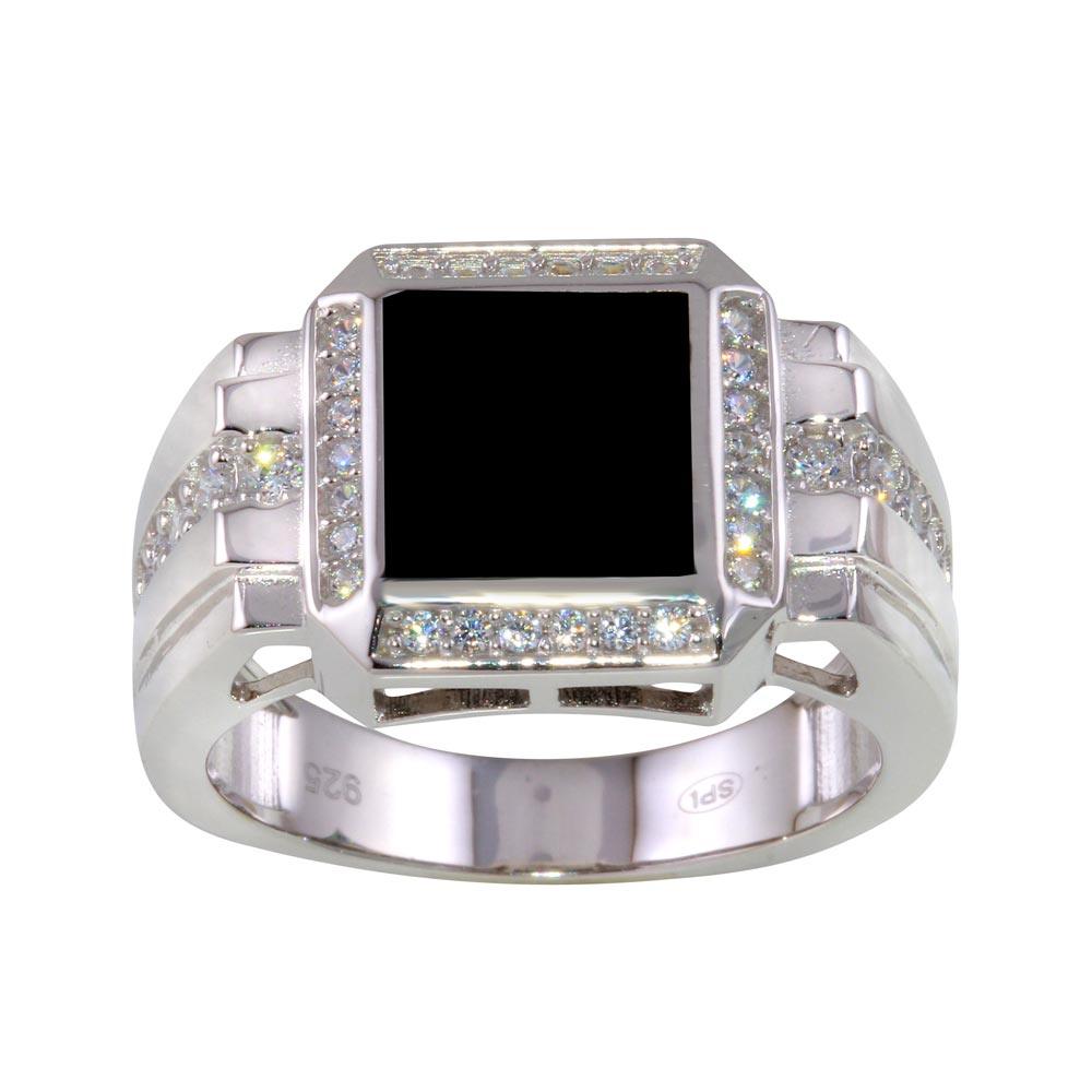 Polished Rhodium Plated 925 Sterling Silver Square Ring Clear CZ Band Sizes 9-12