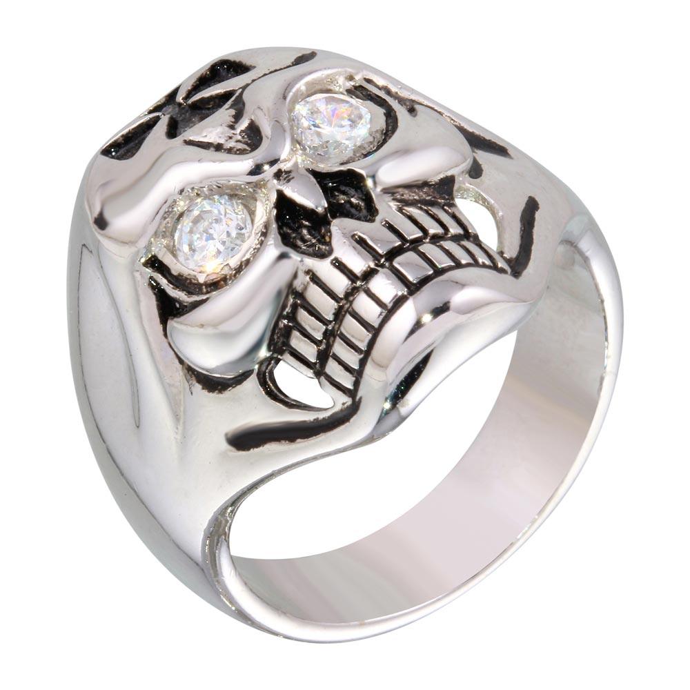 Rhodium Plated 925 Sterling Silver Clear CZ Eye Skull Ring Band Sizes 5-10