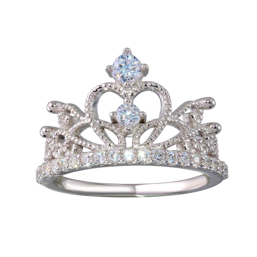 High Polished Rhodium Plated 925 Sterling Silver Crown Ring CZ Band Sizes 5-9