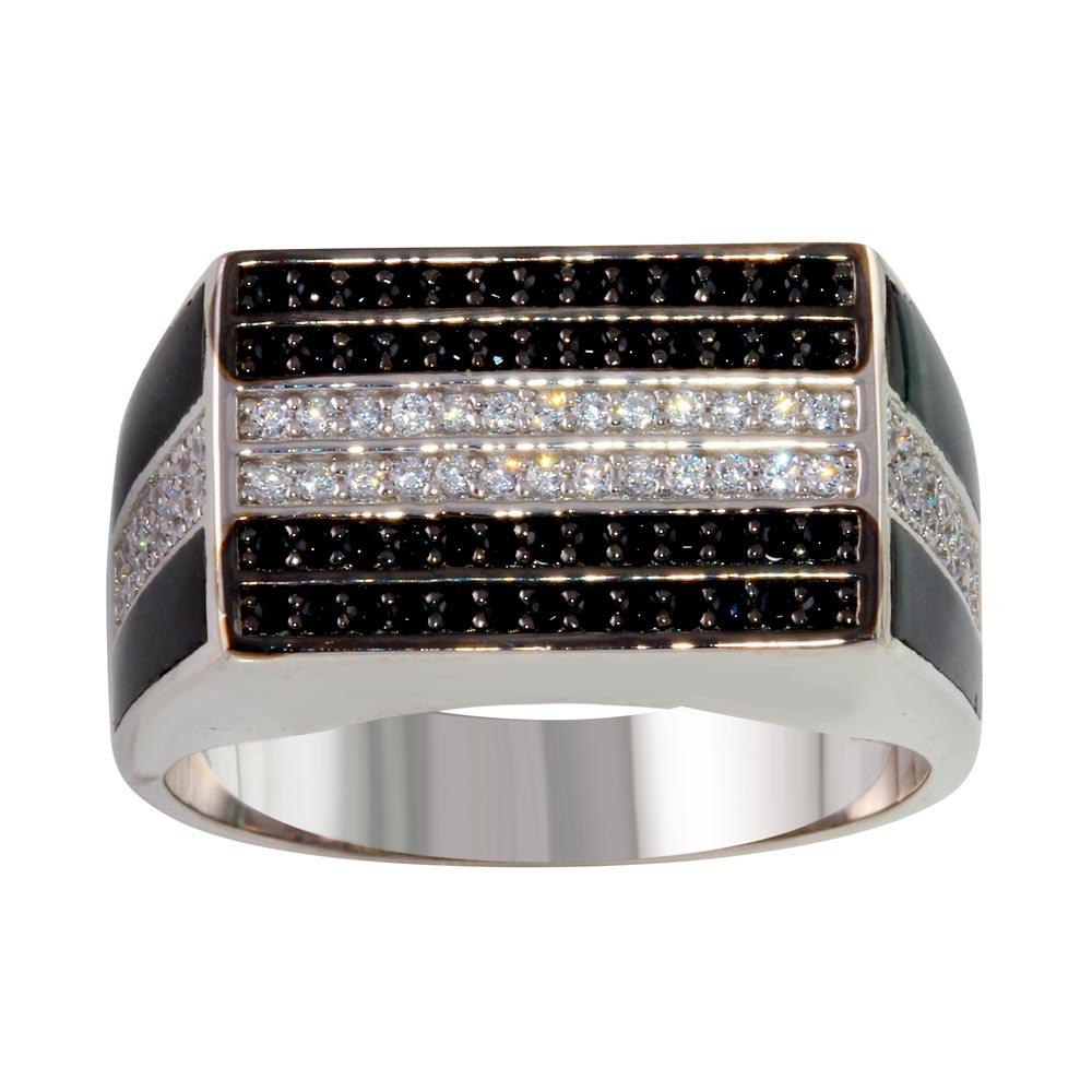 Rhodium Plated 925 Sterling Silver Rectangle Ring Clear & Black CZ Sizes 9-12