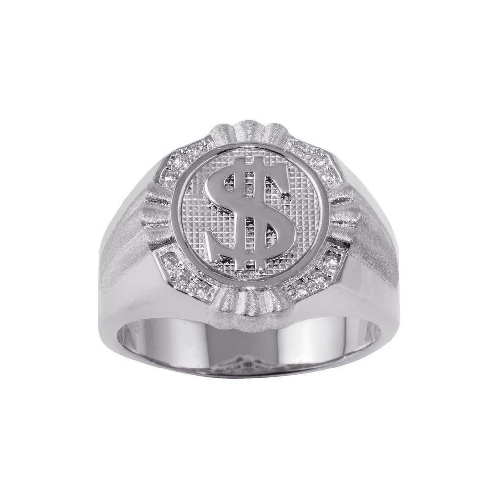 Rhodium Plated 925 Sterling Silver Dollar Sign $ Ring Clear CZ Band Sizes 9-12