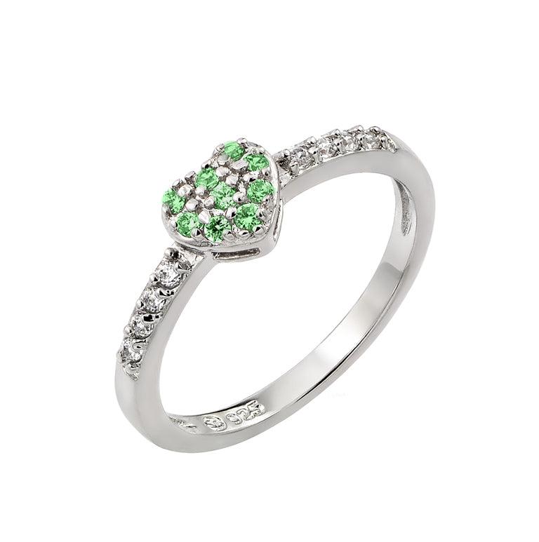 Rhodium Plated Sterling Silver CZ May Simulated Birthstone Heart Ring Sizes 5-9