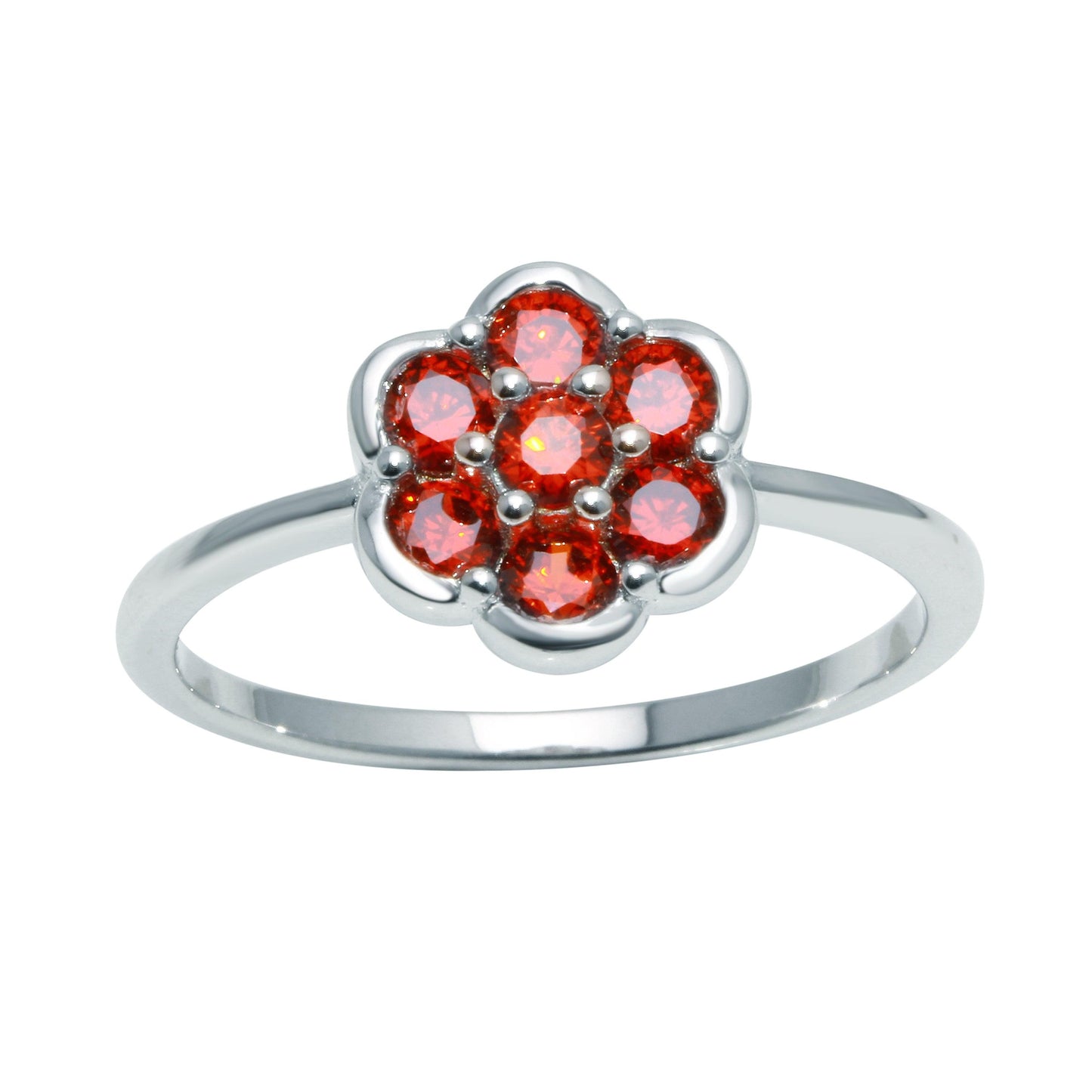 Polished Rhodium Plated 925 Sterling Silver Flower Ring Red CZ Band Sizes 5-9