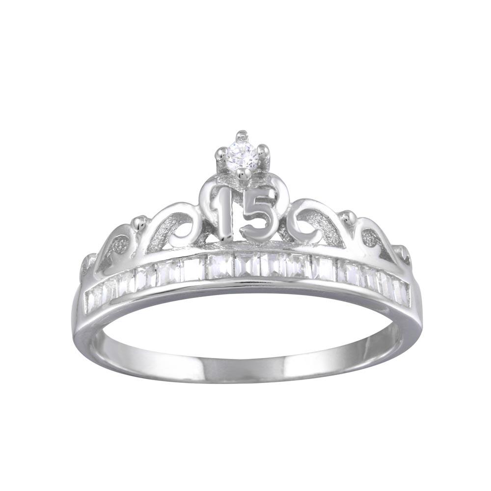 Rhodium Plated 925 Sterling Silver Crown 15 Birthday Ring CZ Band Sizes 5-9