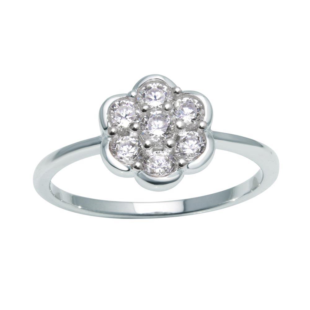 Polished Rhodium Plated 925 Sterling Silver Flower Ring Clear CZ Band Sizes 5-9