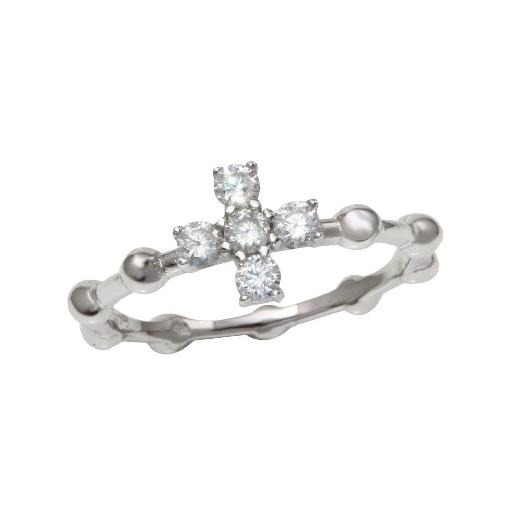 Rhodium Plated 925 Sterling Silver Beaded Shank CZ Cross Ring Band Sizes 5-9