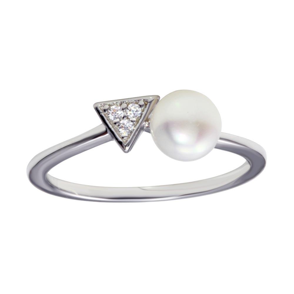 Rhodium Plated 925 Sterling Silver CZ & Simulated Pearl Ring Band Sizes 5-9