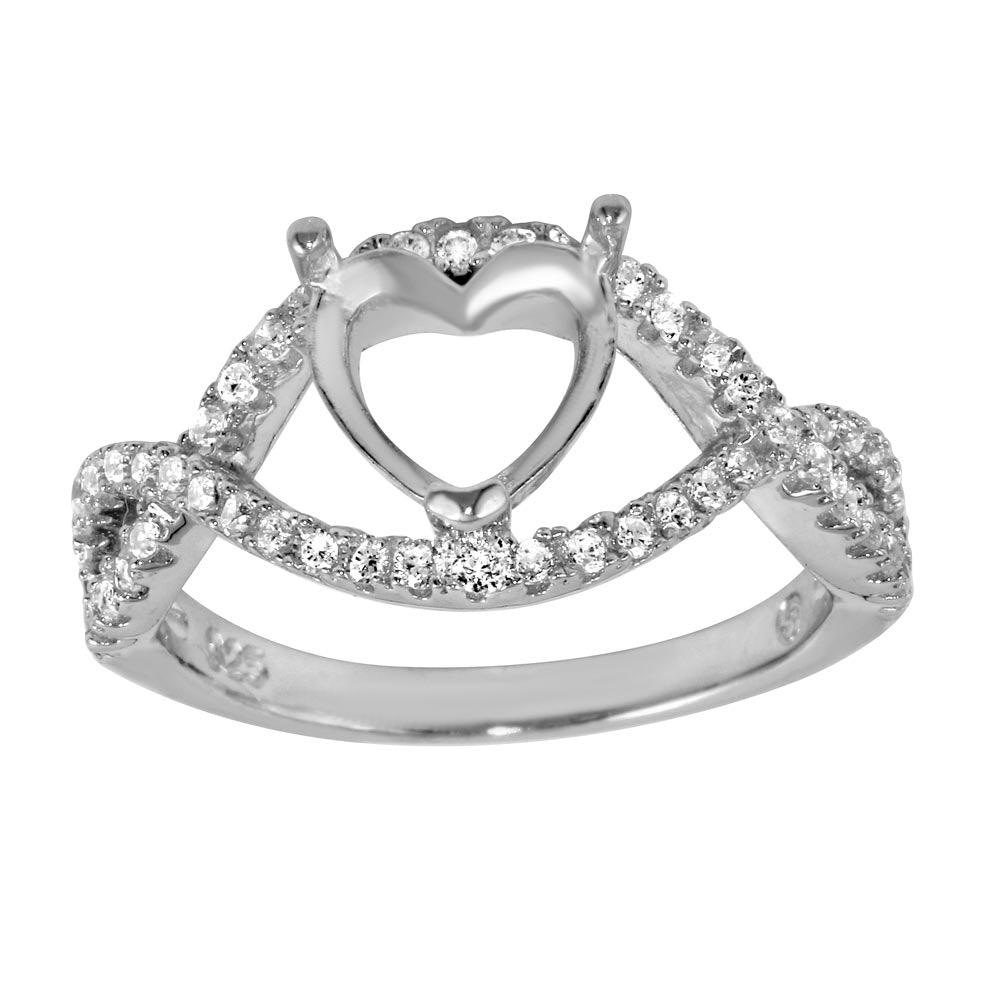 Rhodium Plated 925 Sterling Silver Mounting for Heart Ring CZ Band Sizes 5-9