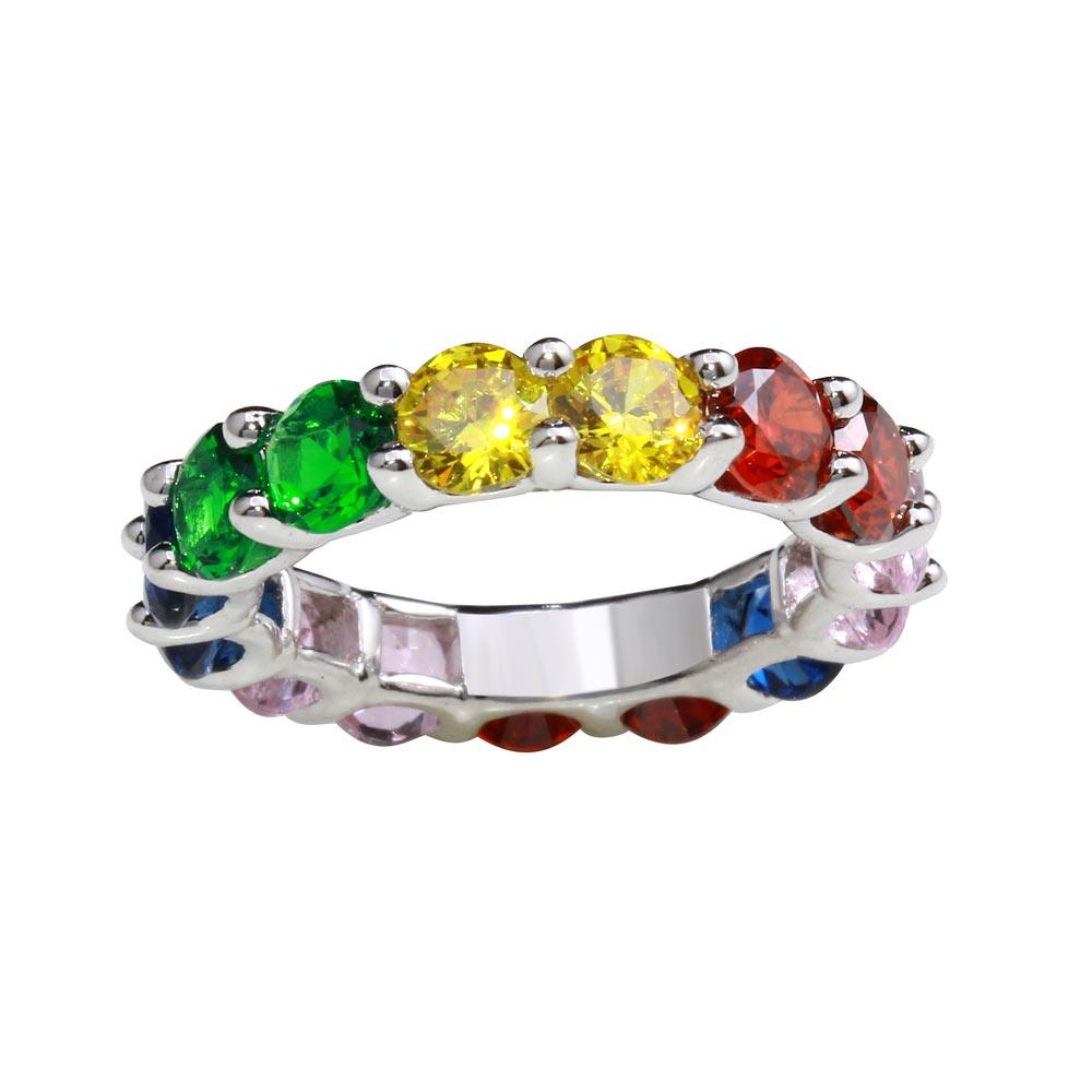 Rhodium Plated 925 Sterling Silver Multi-Colored CZ Ring Band Sizes 5-9