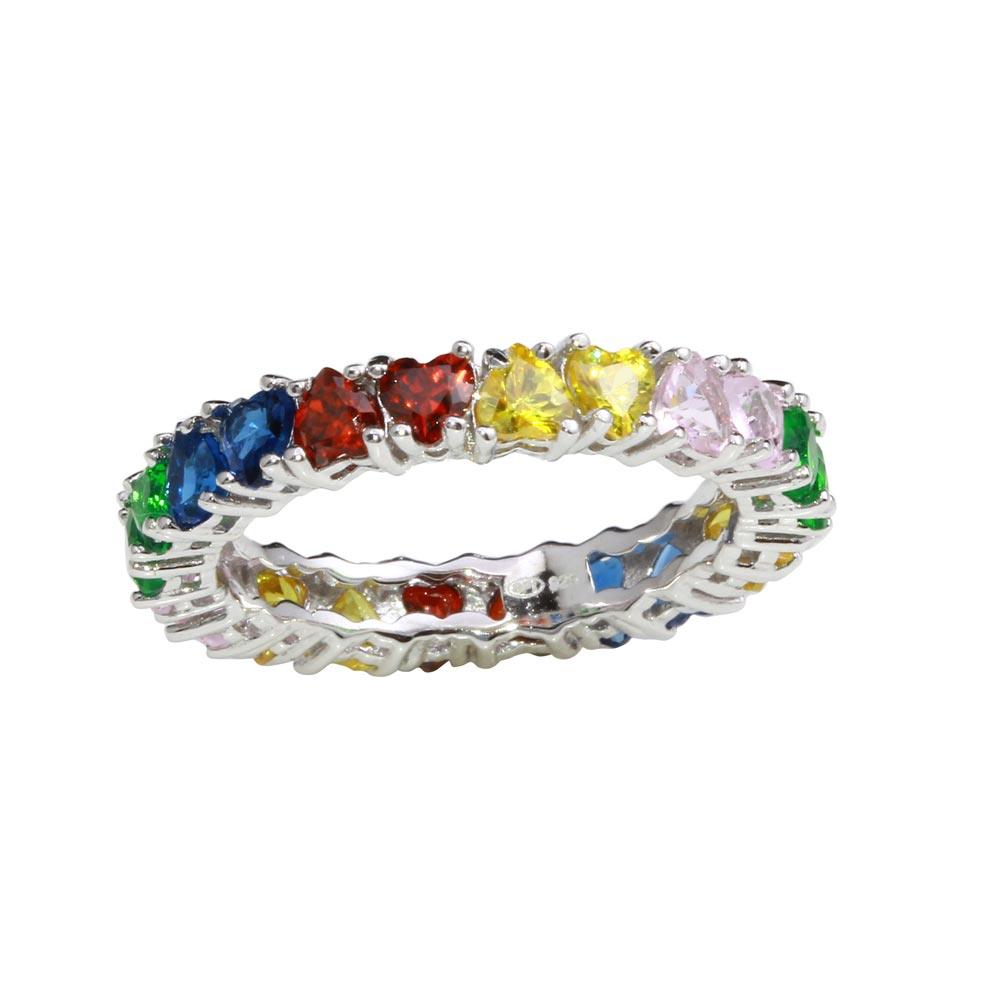 Rhodium Plated 925 Sterling Silver Multi-Colored Heart CZ Rings Band Sizes 5-9