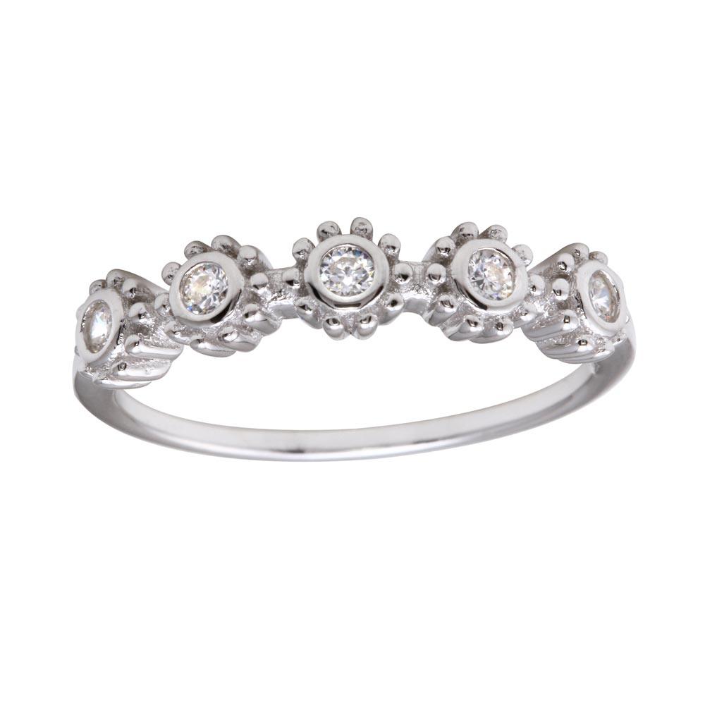 High Polished Rhodium Plated 925 Sterling Silver Flower Clear CZ Ring Sizes 5-9