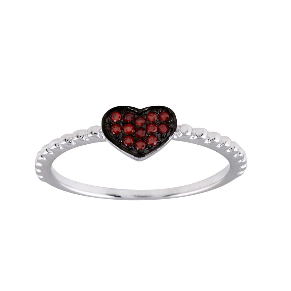 Rhodium Plated 925 Sterling Silver Beaded Heart Red CZ Ring Band Sizes 5-9