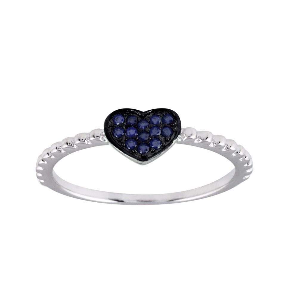 Rhodium Plated 925 Sterling Silver Beaded Heart Blue CZ Ring Band Sizes 5-9