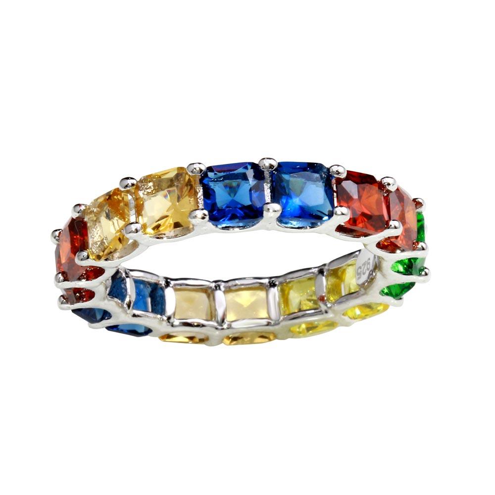 Rhodium Plated 925 Sterling Silver Multi-Colored Square CZ Ring Band Sizes 5-9
