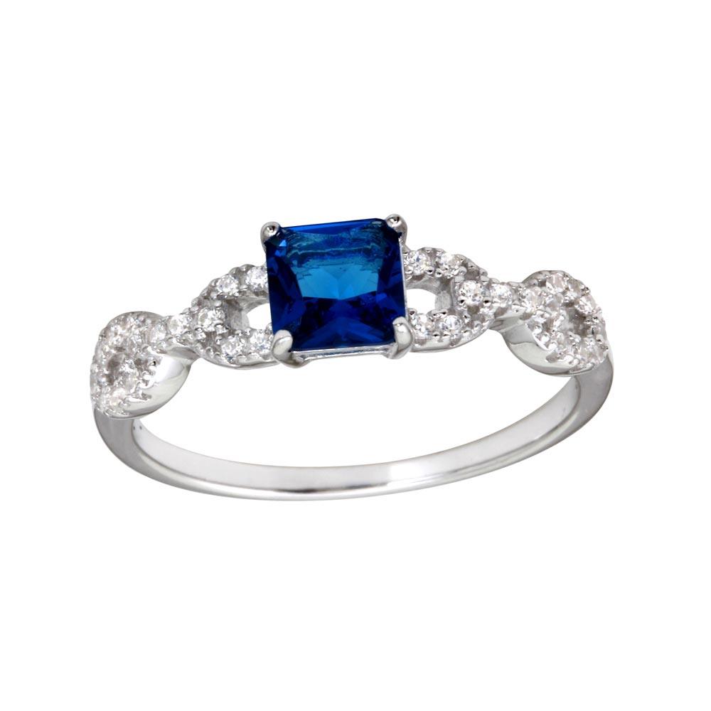 Rhodium Plated 925 Sterling Silver Blue CZ Chain Design Shank Ring Sizes 5-9
