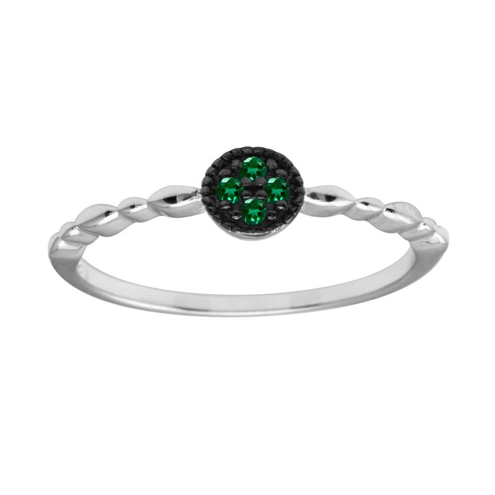 Polished Rhodium Plated 925 Sterling Silver Round Shape Green CZ Ring Sizes 5-9