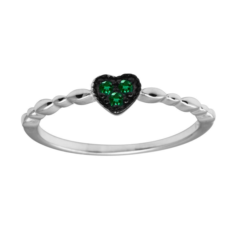 High Polished Rhodium Plated 925 Sterling Silver Heart Green CZ Ring Sizes 5-9