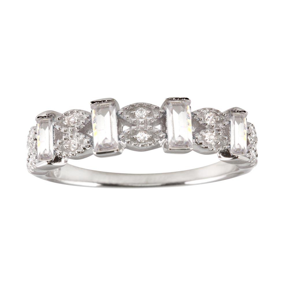 Polished Rhodium Plated 925 Sterling Silver Clear Bar CZ Link Ring Sizes 5-9