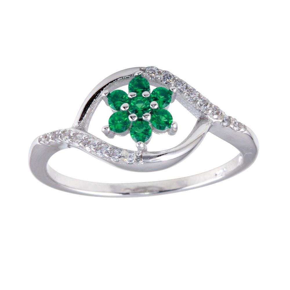 Rhodium Plated 925 Sterling Silver Wave Green Flower CZ Ring Band Sizes 5-9