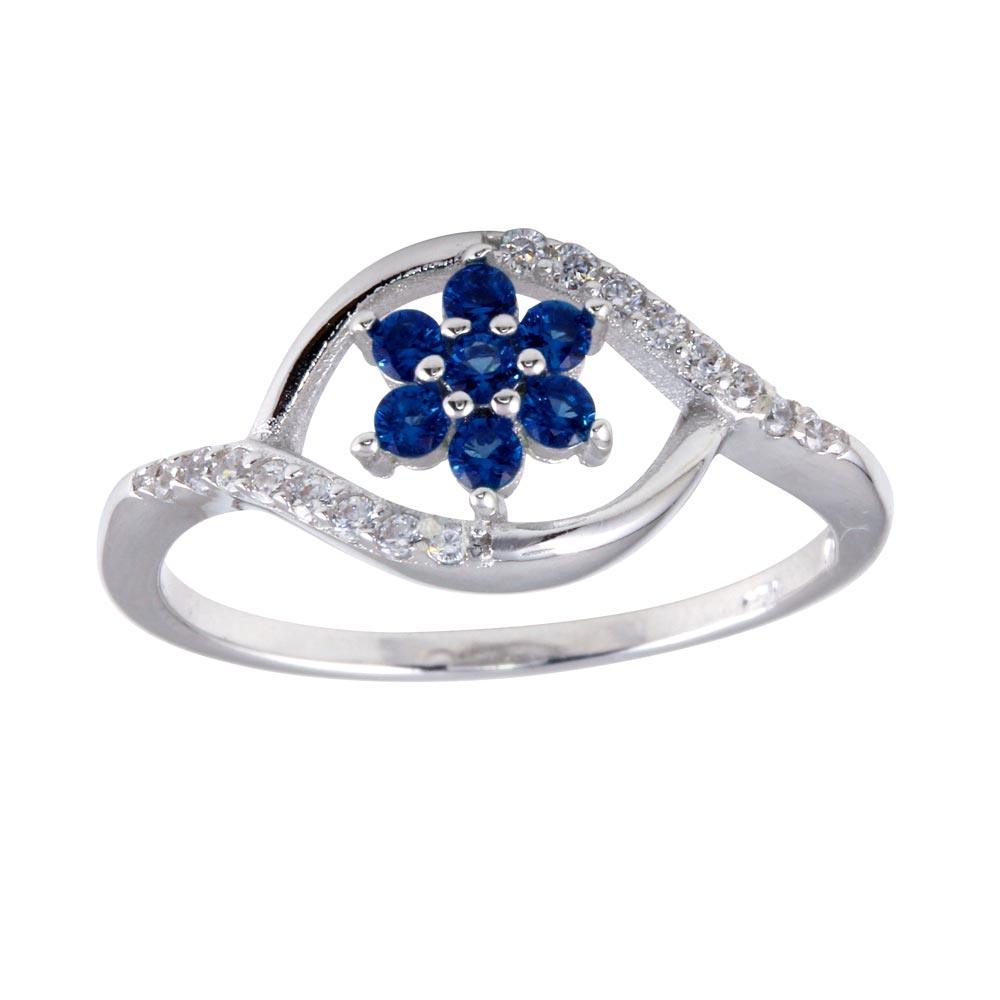 Rhodium Plated 925 Sterling Silver Wave Blue Flower CZ Ring Band Sizes 5-9