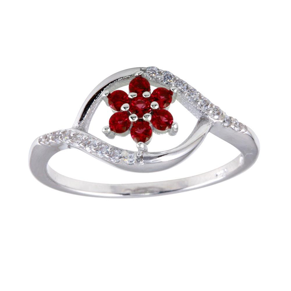 Rhodium Plated 925 Sterling Silver Wave Red Flower CZ Ring Band Sizes 5-9