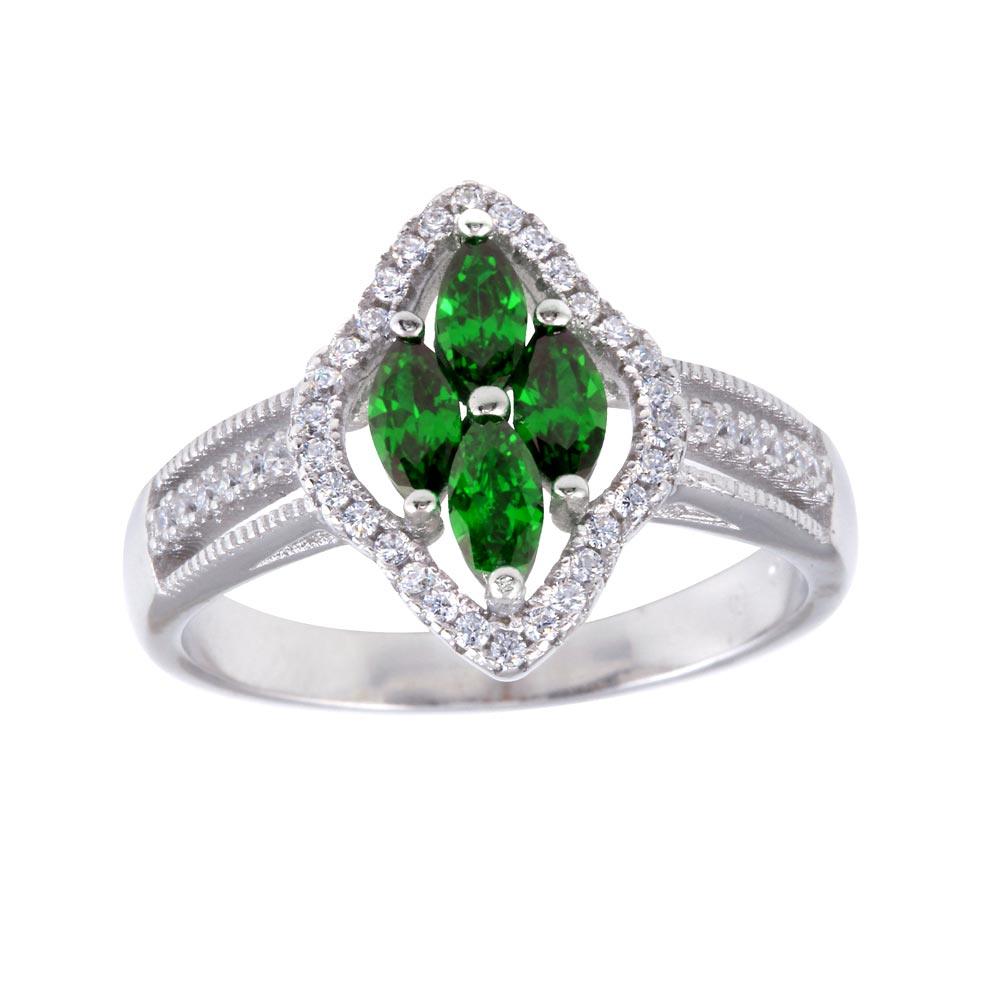 Polished Rhodium Plated 925 Sterling Silver Green Marquise CZ Ring Sizes 5-9