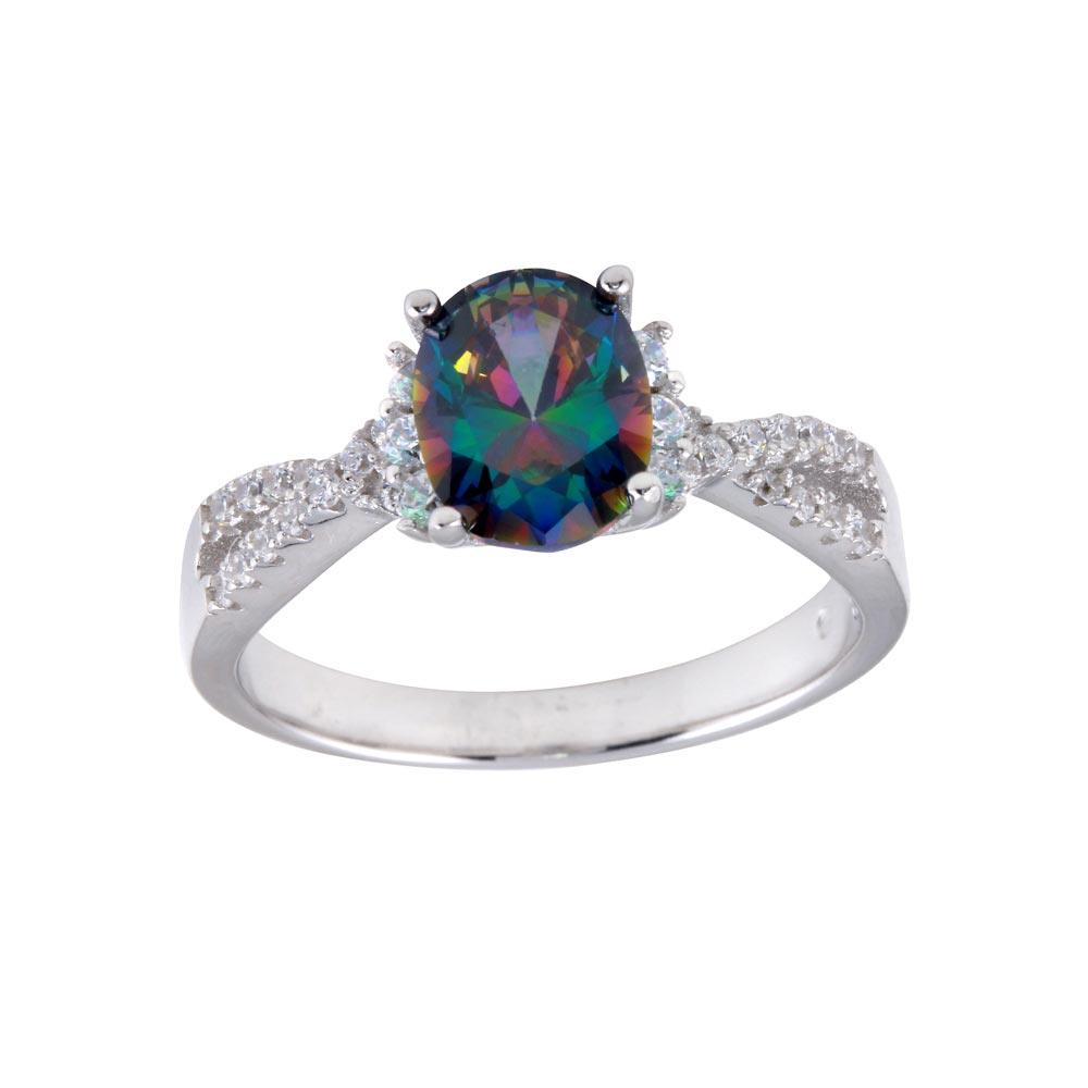 Rhodium Plated 925 Sterling Silver Solitaire Mystic Topaz CZ Band Ring Sizes 5-9