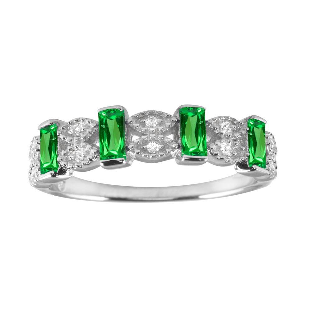 Polished Rhodium Plated 925 Sterling Silver Green Bar CZ Link Ring Sizes 5-9