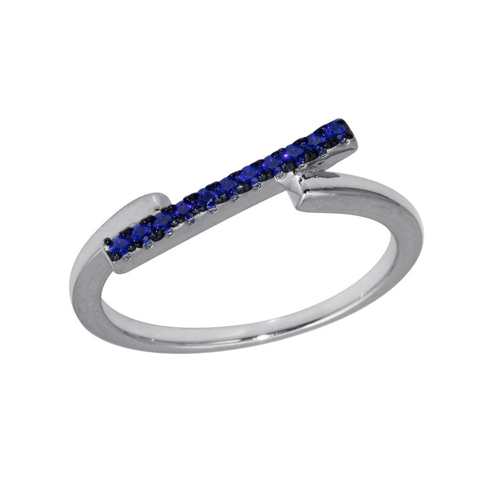 High Polished Rhodium Plated 925 Sterling Silver Blue CZ Bar Ring Band Sizes 5-9