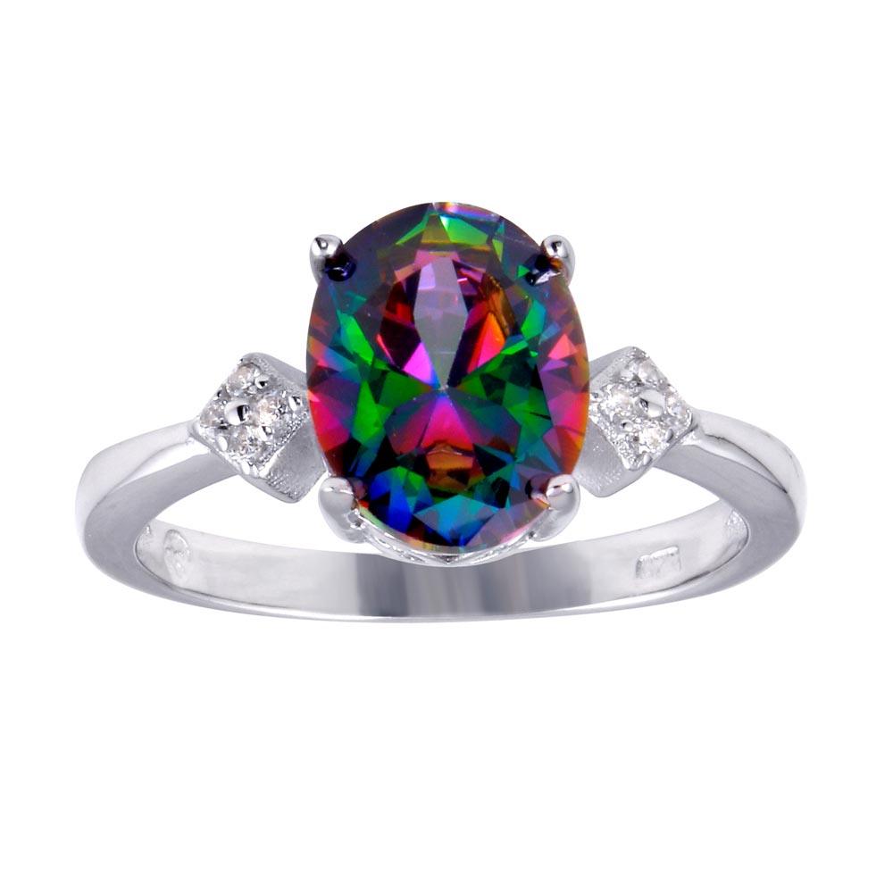 Rhodium Plated 925 Sterling Silver Oval Mystic Topaz CZ Ring Band Sizes 5-9