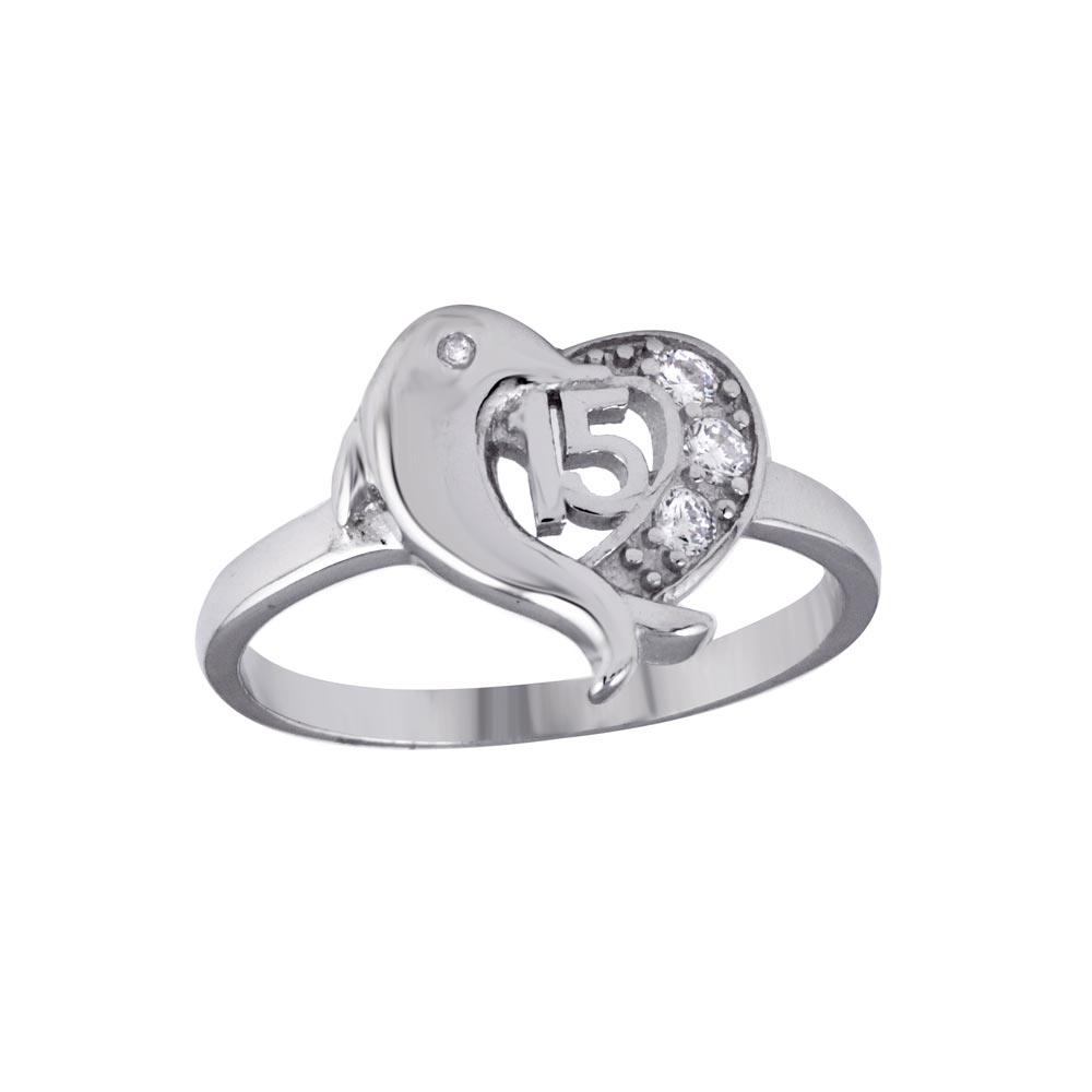 Rhodium Plated 925 Sterling Silver 15 Heart Dolphin Ring CZ Band Sizes 5-9